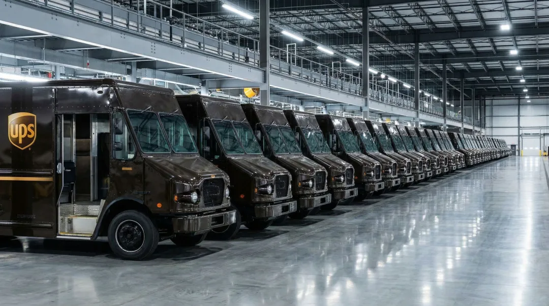 Large UPS delivery fleet trucks lined up at distribution hub facility