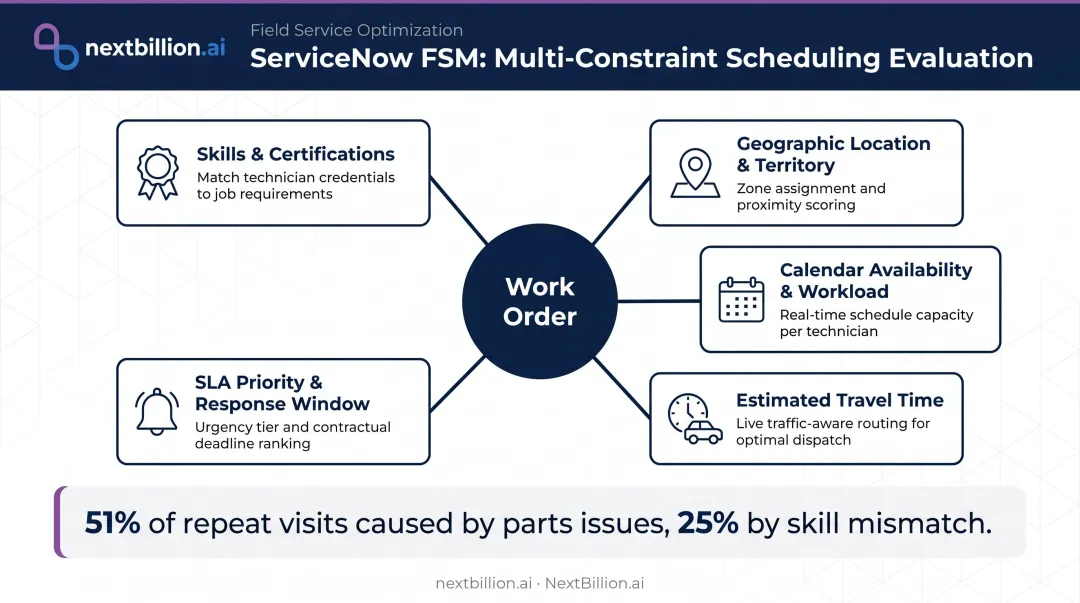 ServiceNow FSM intelligent scheduling five-factor technician scoring evaluation infographic