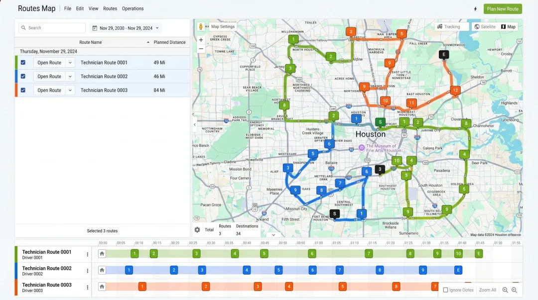 Route optimization API dashboard displaying multi-stop technician fleet scheduling and constraints