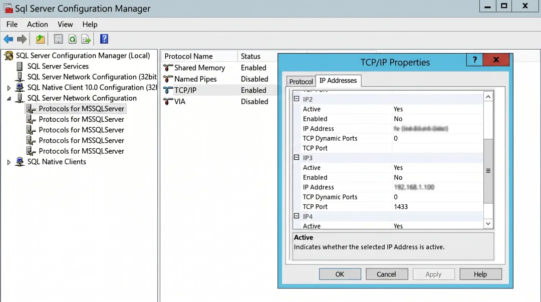 SQL Server Configuration Manager showing TCP IP and SQL Browser service settings