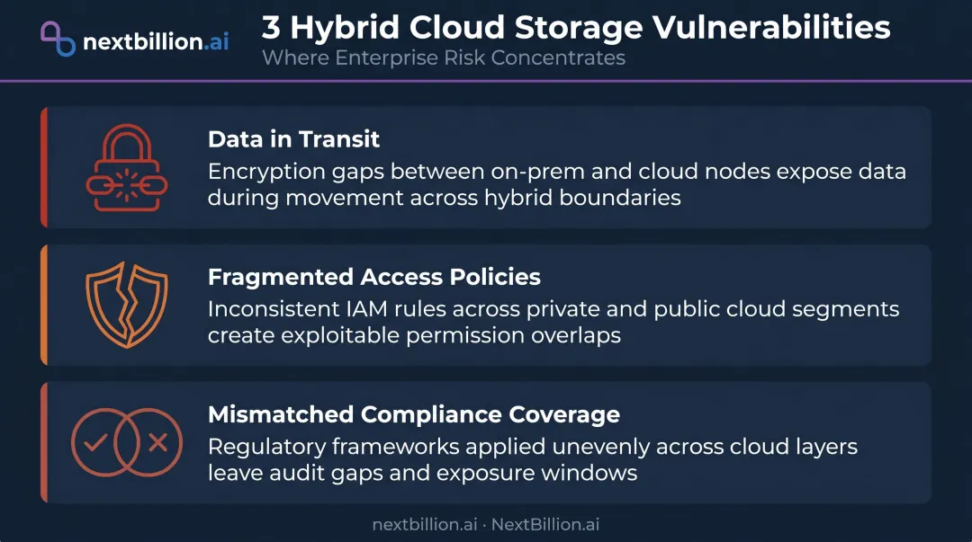 Three hybrid cloud storage vulnerability points data transit access policies compliance gaps