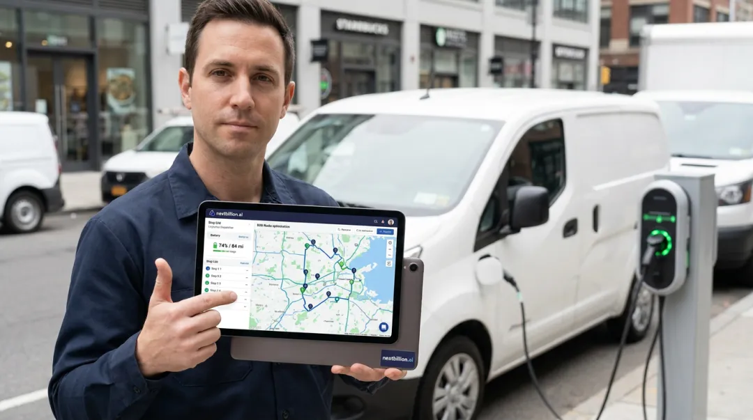 Electric delivery vehicle at charging station with route optimization mobile app displayed