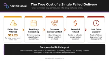 Failed delivery cost cascade showing $17.20 per attempt financial impact chain