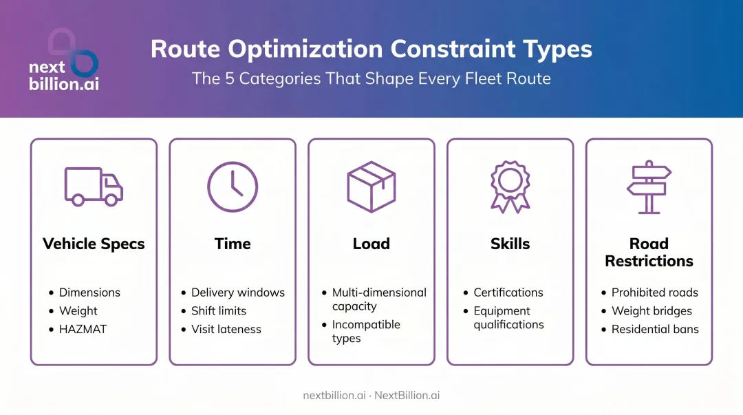 Route optimization constraint categories table covering vehicle load time skills and road restrictions