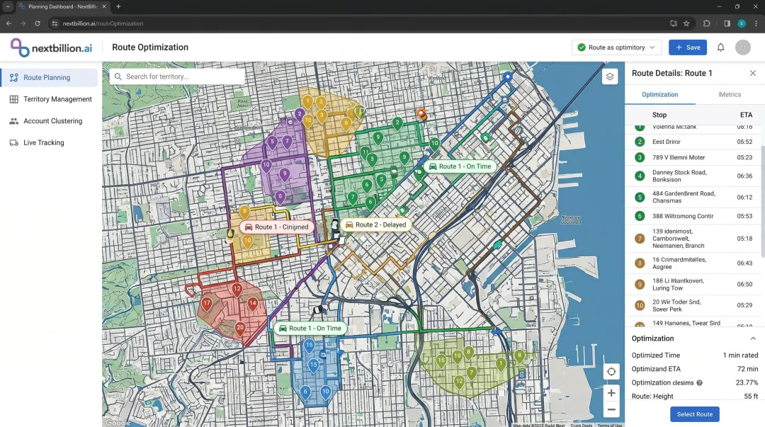 Route optimization platform dashboard displaying multi-stop field sales territory execution map