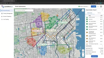 Route optimization platform dashboard displaying multi-stop field sales territory execution map