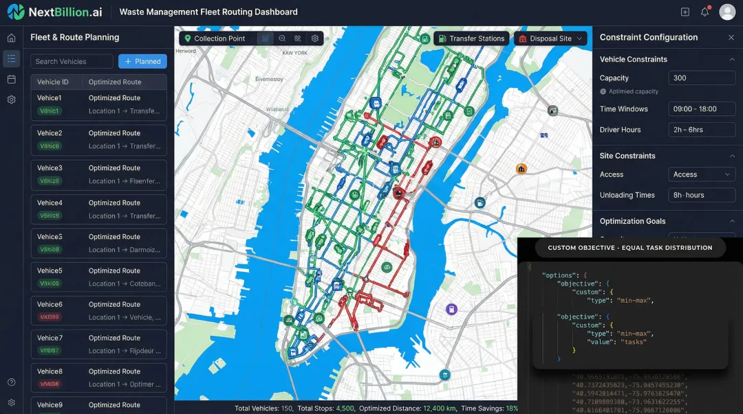 NextBillion.ai route optimization platform dashboard showing waste fleet routing and constraint configuration