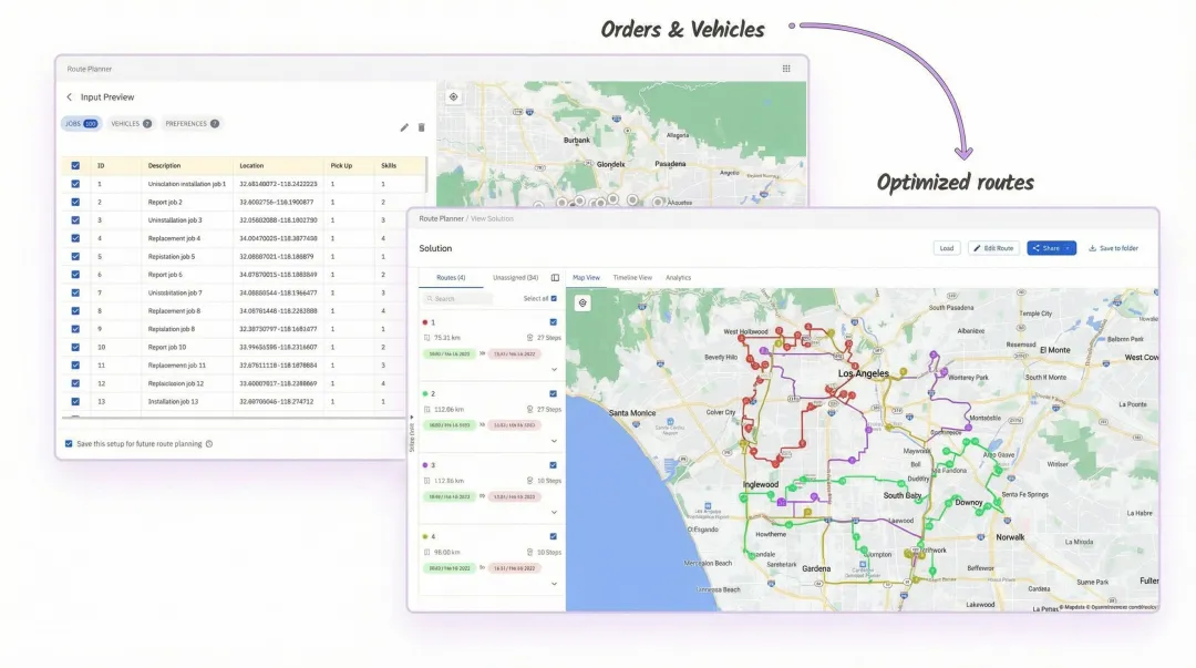 NextBillion.ai route optimization API dashboard displaying real-time routing constraints and fleet data