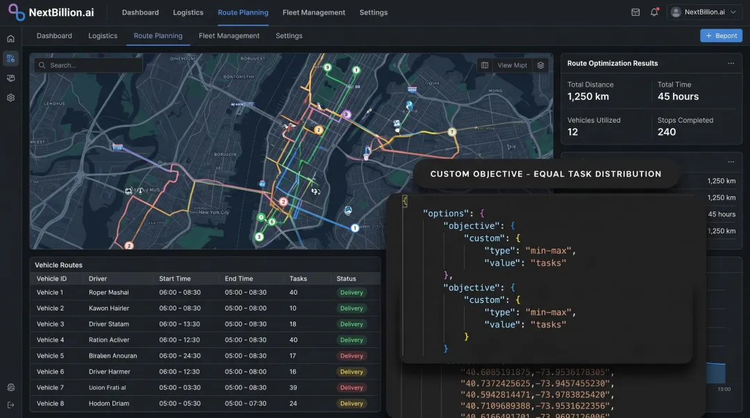 NextBillion.ai platform dashboard displaying route optimization and logistics data processing