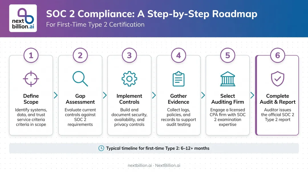 SOC 2 audit process six-step workflow from scoping to final report delivery