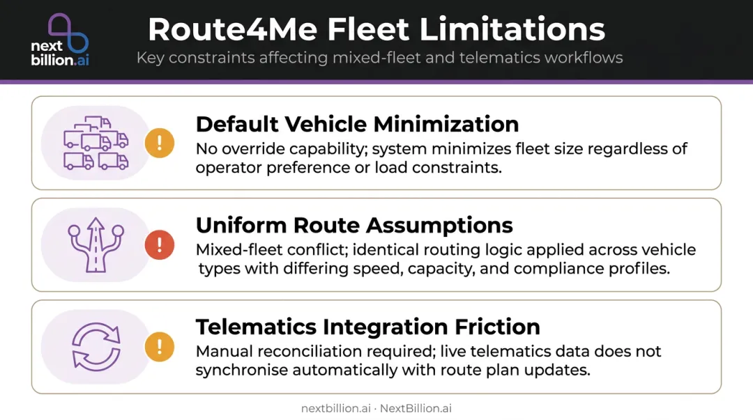 Three Route4Me fleet-specific limitations comparison infographic for operators