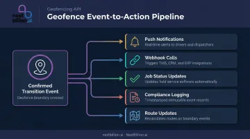 Geofence trigger to automated action workflow five output types process flow