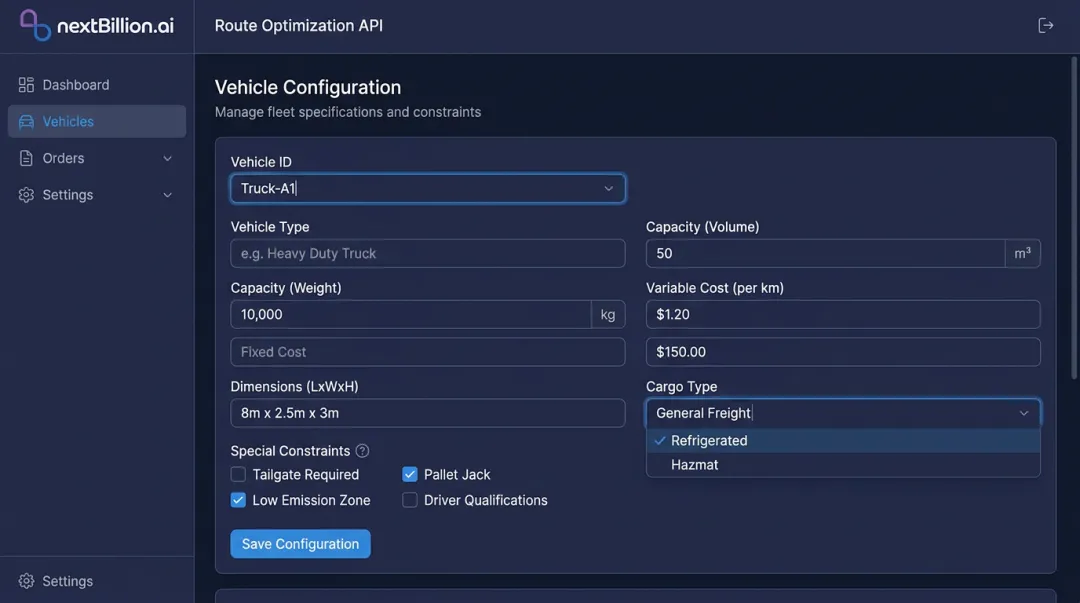 NextBillion.ai Route Optimization API vehicle configuration interface with constraint settings