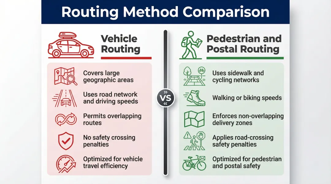 Vehicle routing versus pedestrian postal routing side-by-side differences comparison chart