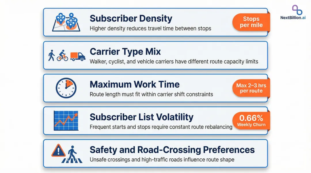 Key route optimization variables for paper distribution carriers and constraints comparison