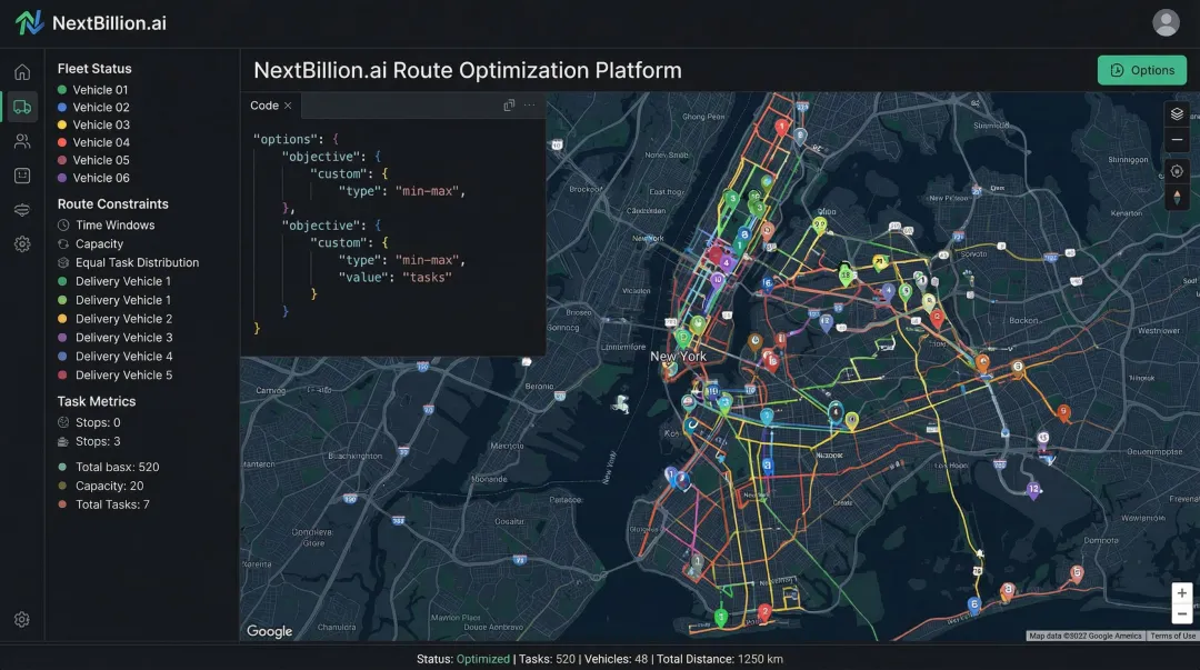 NextBillion.ai route optimization platform dashboard showing multi-constraint routing interface