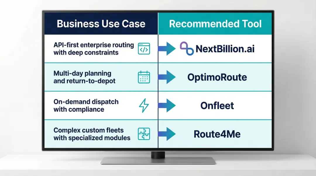 Route planning software decision matrix matching four Routific alternatives to use cases