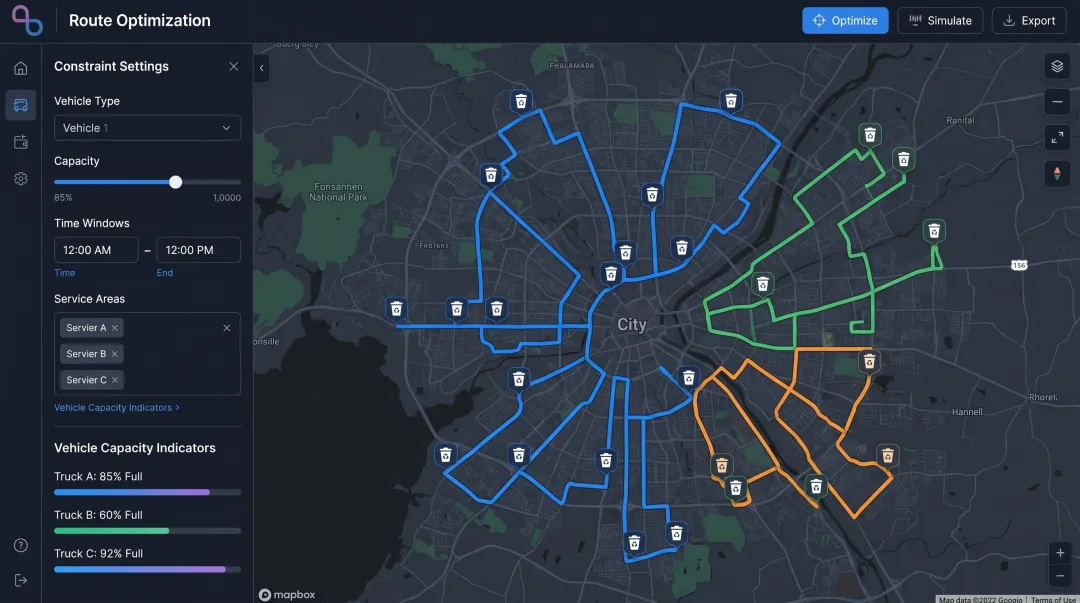 NextBillion.ai route optimization API dashboard displaying multi-stop waste collection routes and constraints