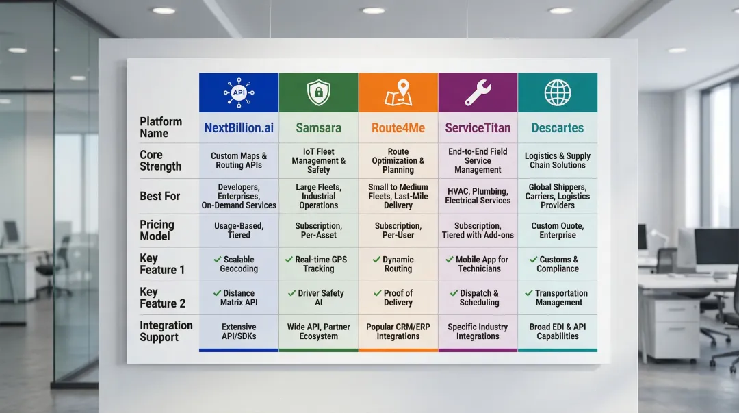 Five dispatch optimization platform comparison chart covering features pricing and best use cases