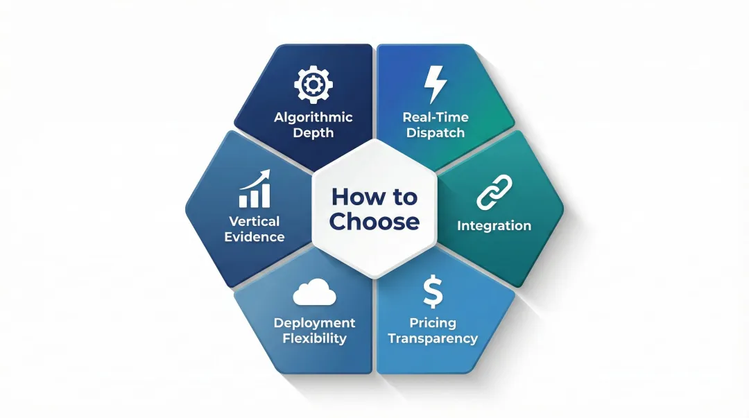Six evaluation criteria for selecting scheduling and dispatch optimization software infographic