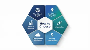 Six evaluation criteria for selecting scheduling and dispatch optimization software infographic