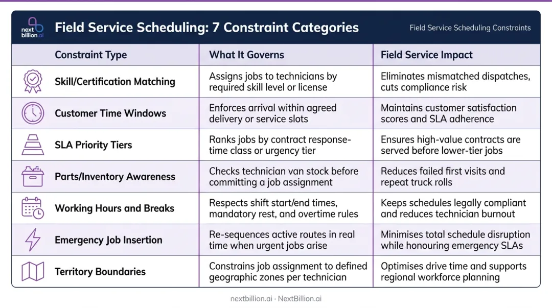 Seven field service ML optimization constraint categories and their operational impact breakdown