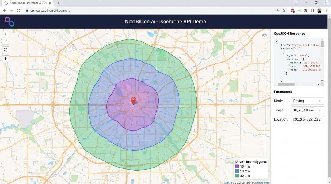 NextBillion.ai Isochrone API dashboard displaying drive-time polygon GeoJSON output on map
