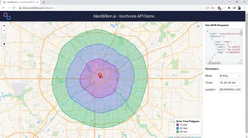 NextBillion.ai Isochrone API dashboard displaying drive-time polygon GeoJSON output on map
