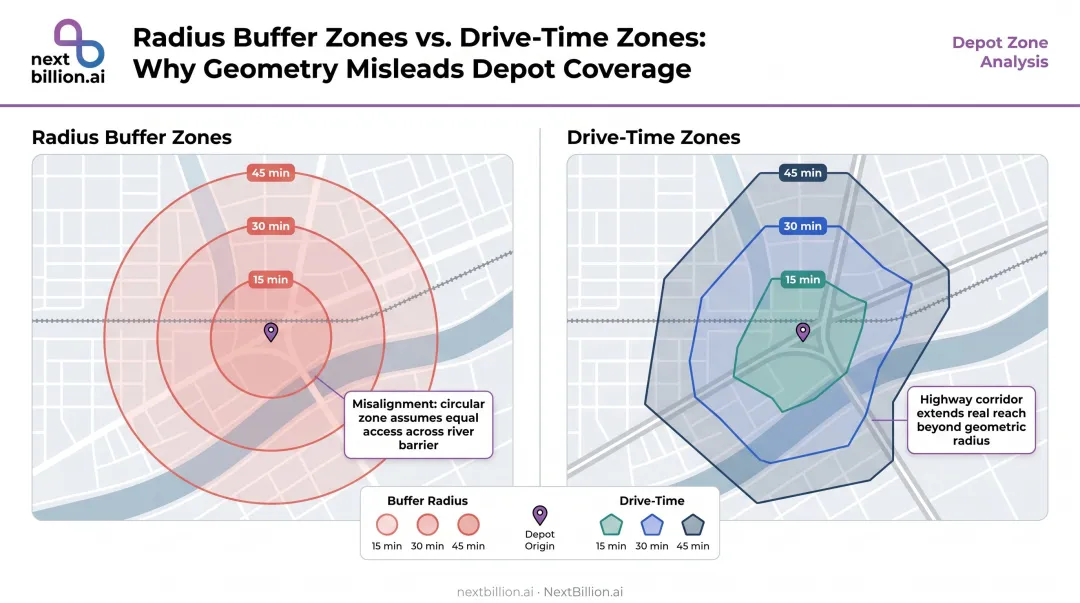 Tiered delivery zones 15 30 45 minute drive-time polygon map comparison versus circular radius