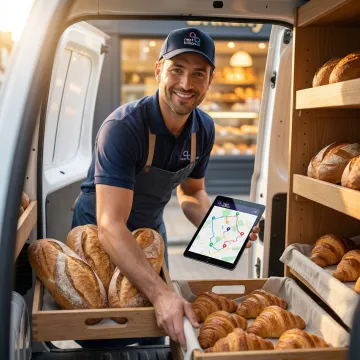 Bakery delivery driver loading fresh bread trays into a van with a route optimization app on a tablet