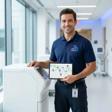 Medical equipment field technician navigating optimized route on tablet