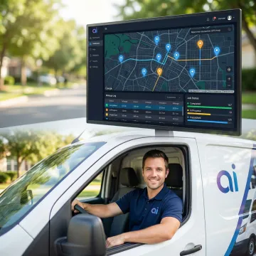 Field service technician in a van tracked on a GPS fleet dashboard showing live location and mileage