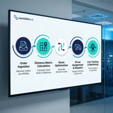 End-to-end dispatch API workflow diagram showing order ingestion, route optimization, driver assignment, and live tracking steps