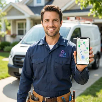 Field service technician using GPS tracking app on mobile device at a job site