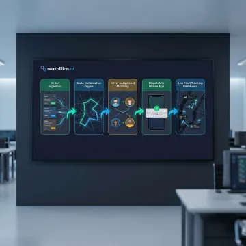 Step-by-step dispatch workflow showing route optimization, driver assignment, and live fleet monitoring on a logistics platform