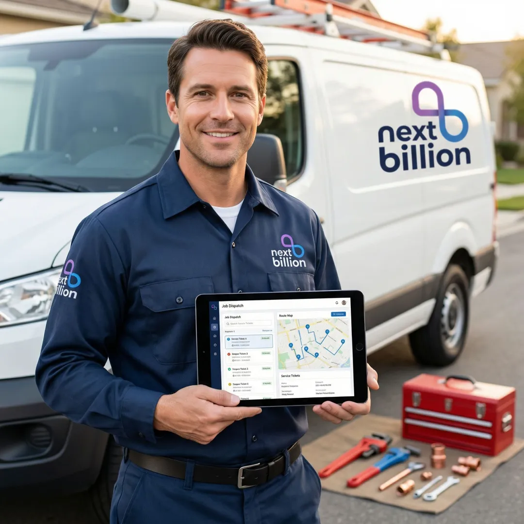Plumbing dispatch and management software dashboard on a desktop screen