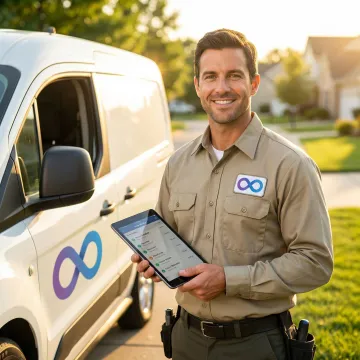 Pest control technician reviewing optimized route schedule on a mobile device beside a service van