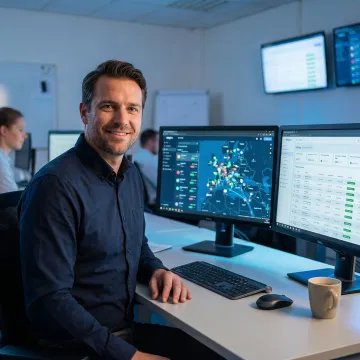 Fleet operations manager monitoring live vehicle positions on a dispatch dashboard