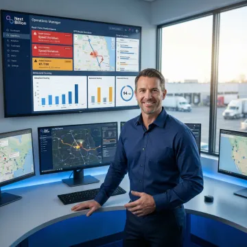 Fleet manager reviewing driver performance analytics dashboard with route data and behavior scores