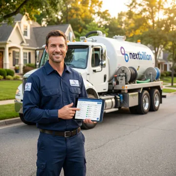 Septic service technician using route management software on a tablet beside a pump truck