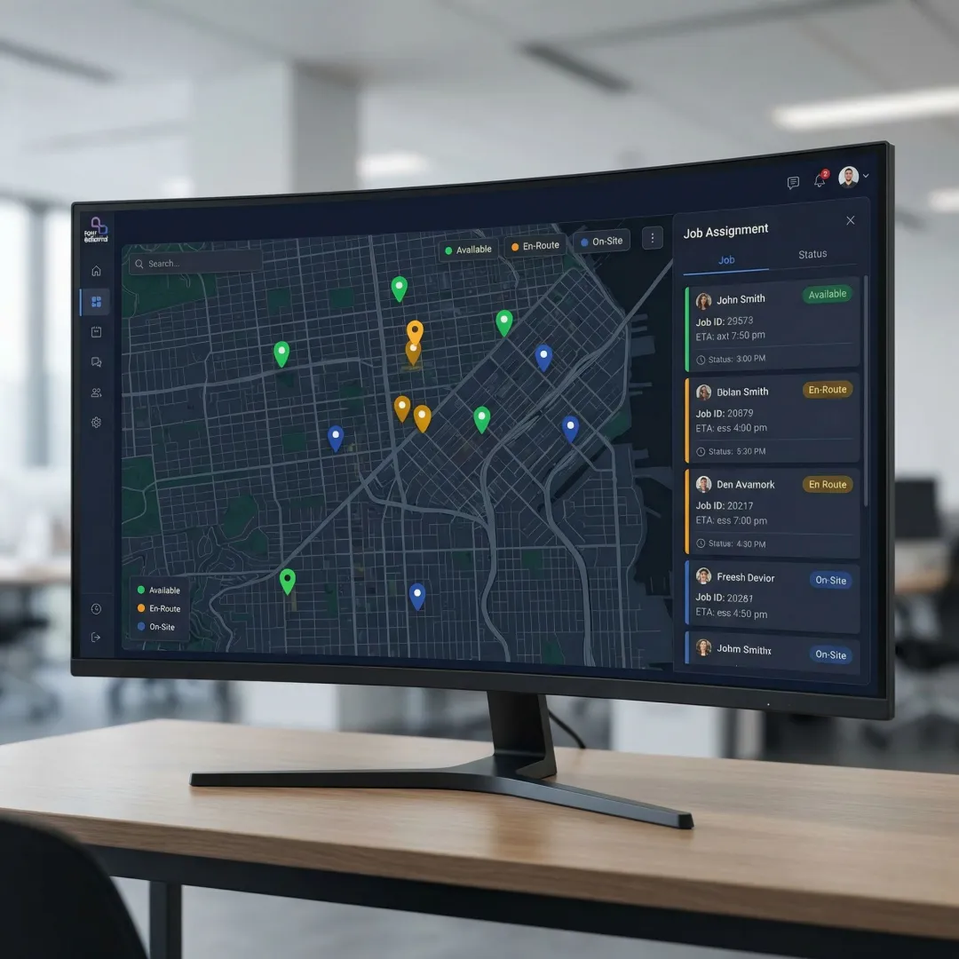 Live map view showing field technician locations and availability status across a service territory