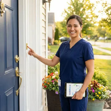 Home health caregiver arriving at a patient's residence after optimized dispatch routing