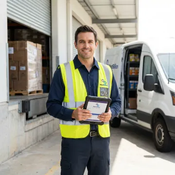 DSD delivery driver scanning proof of delivery at a retail store with route planning app on tablet