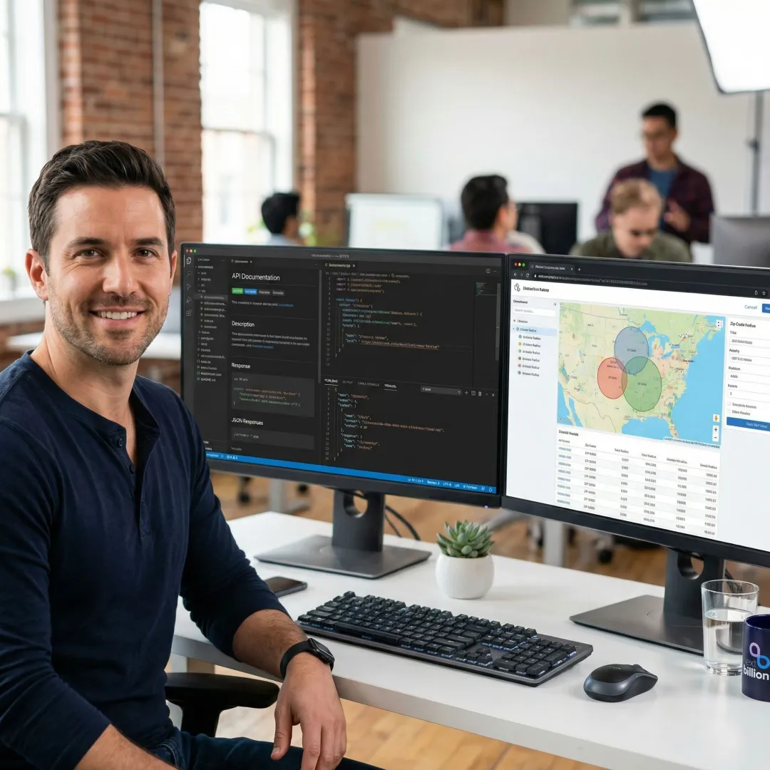 Developer integrating zip code distance API on a laptop with a map visualization on screen