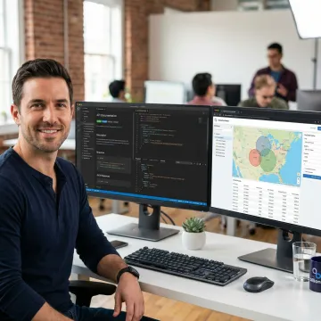 Developer integrating zip code distance API on a laptop with a map visualization on screen