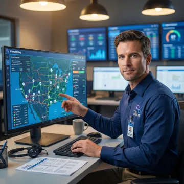 Freight management software interface showing truck routing and load optimization on a dispatch console