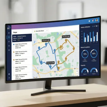 School bus route optimization software interface showing stop sequencing and ETA calculations