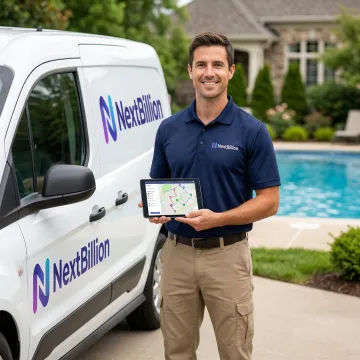 Pool service technician using route management software on a tablet beside a pool truck