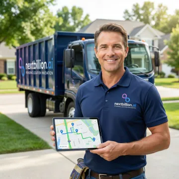 Junk hauling truck driver reviewing an optimized route plan on a tablet mounted in the cab