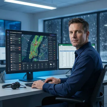 Operations manager reviewing optimized snow plow routes on a dispatch console
